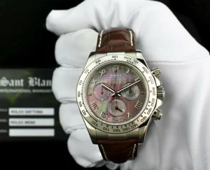 Men's Watches | Racing Professional Watches | Sant Blanc ROLEX White Gold Daytona Tahitian Mother of Pearl Roman Dial Brown Crocodile Strap Model 116519