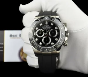 Racing Professional Watches | Sant Blanc ROLEX White Gold Daytona Black Diamond Dial Oysterflex Strap Model 116519LN