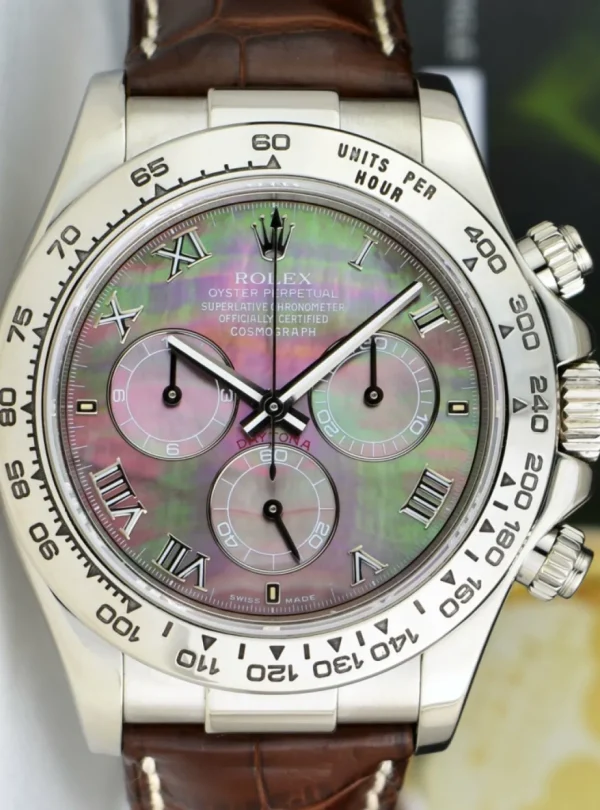 Men's Watches | Racing Professional Watches | Sant Blanc ROLEX White Gold Daytona Tahitian Mother of Pearl Roman Dial Brown Crocodile Strap Model 116519