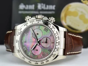 Men's Watches | Racing Professional Watches | Sant Blanc ROLEX White Gold Daytona Tahitian Mother of Pearl Roman Dial Brown Crocodile Strap Model 116519
