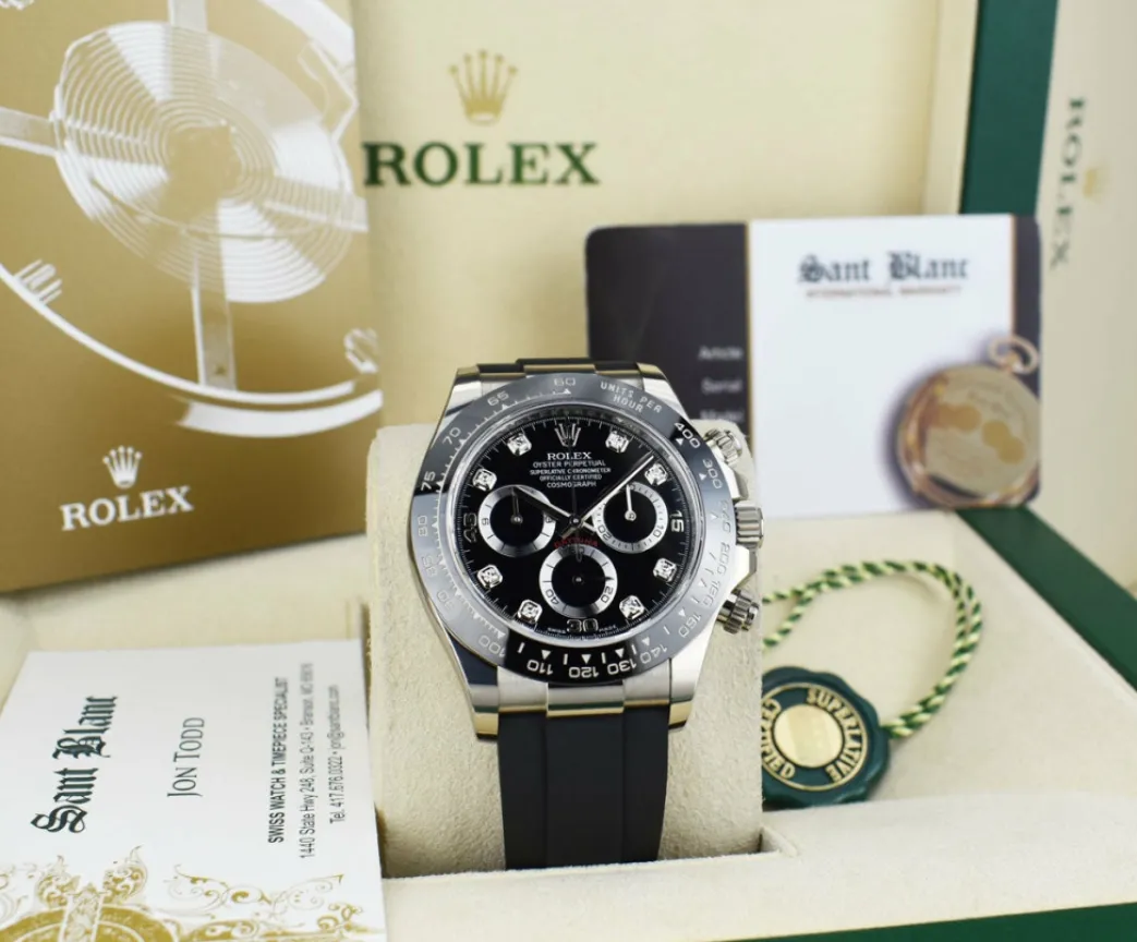 rolex_white_gold_daytona__7.webp Racing Professional Watches | Sant Blanc ROLEX White Gold Daytona Black Diamond Dial Oysterflex Strap Model 116519LN