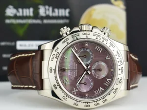 Men's Watches | Racing Professional Watches | Sant Blanc ROLEX White Gold Daytona Tahitian Mother of Pearl Roman Dial Brown Crocodile Strap Model 116519