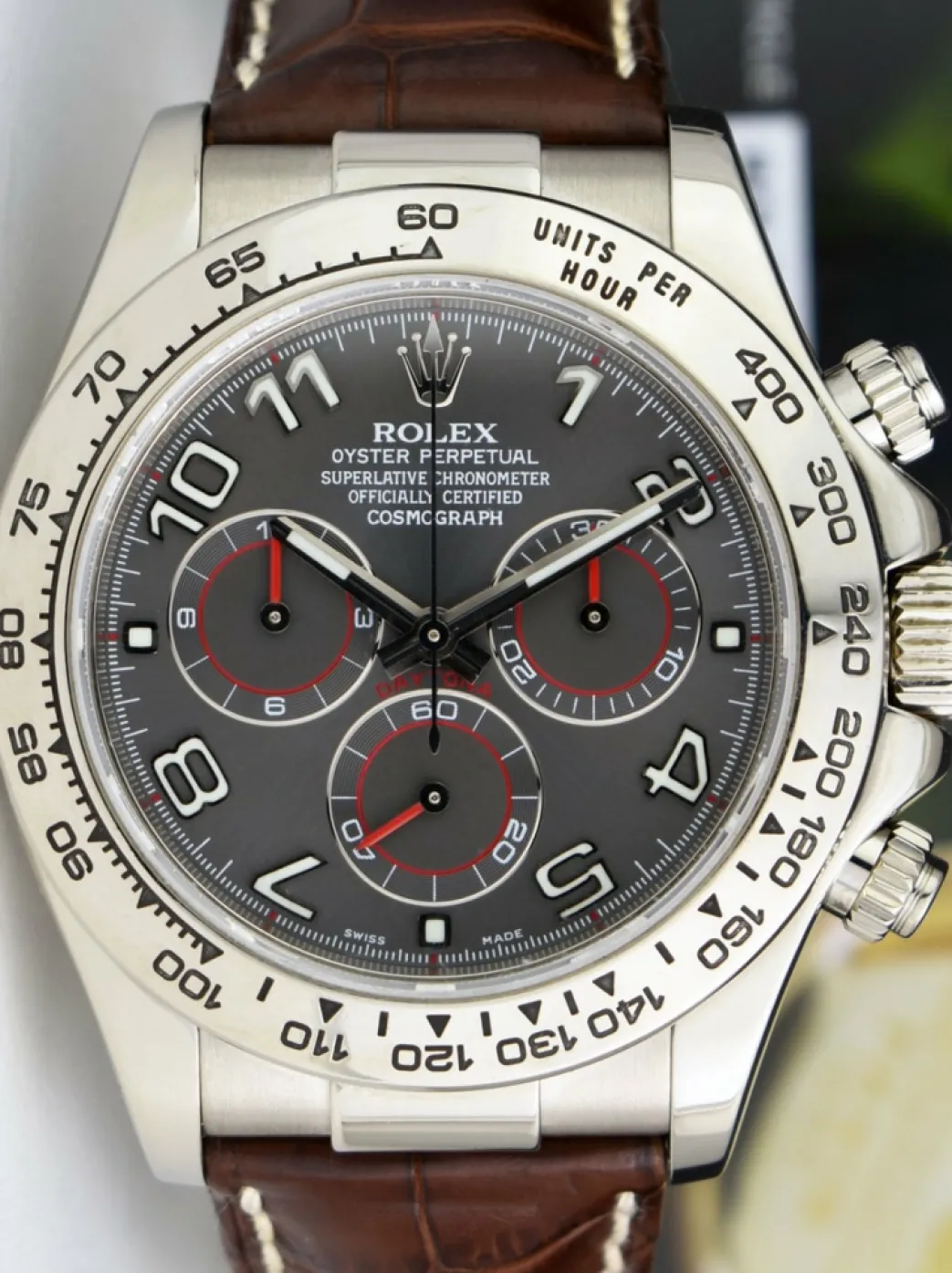 rolex_white_gold_daytona__9-1.webp Men's Watches | Racing Professional Watches | Sant Blanc ROLEX White Gold Daytona Gray Slate Arabic Dial with Brown Crocodile Strap Model 116519