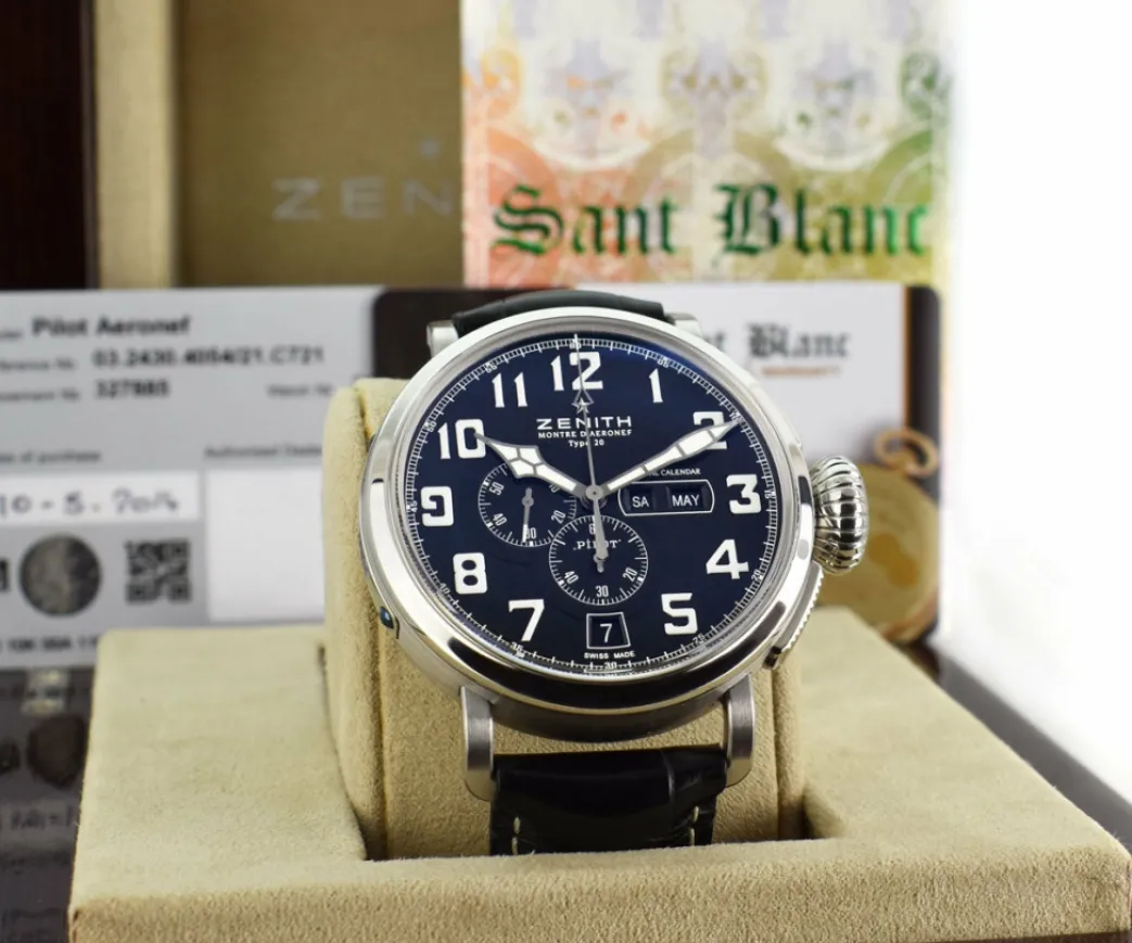 zenith_mm_stainless_steel_1.webp Men's Watches | Sant Blanc ZENITH 48mm Stainless Steel Pilot Montre D'Aeronef Type 20 Annual Calendar Black Dial Model 03.2430.4054/21.C721