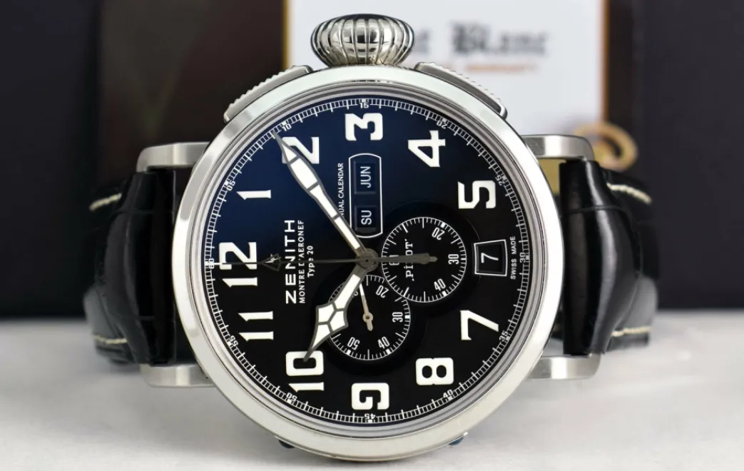 zenith_mm_stainless_steel_2.webp Men's Watches | Sant Blanc ZENITH 48mm Stainless Steel Pilot Montre D'Aeronef Type 20 Annual Calendar Black Dial Model 03.2430.4054/21.C721
