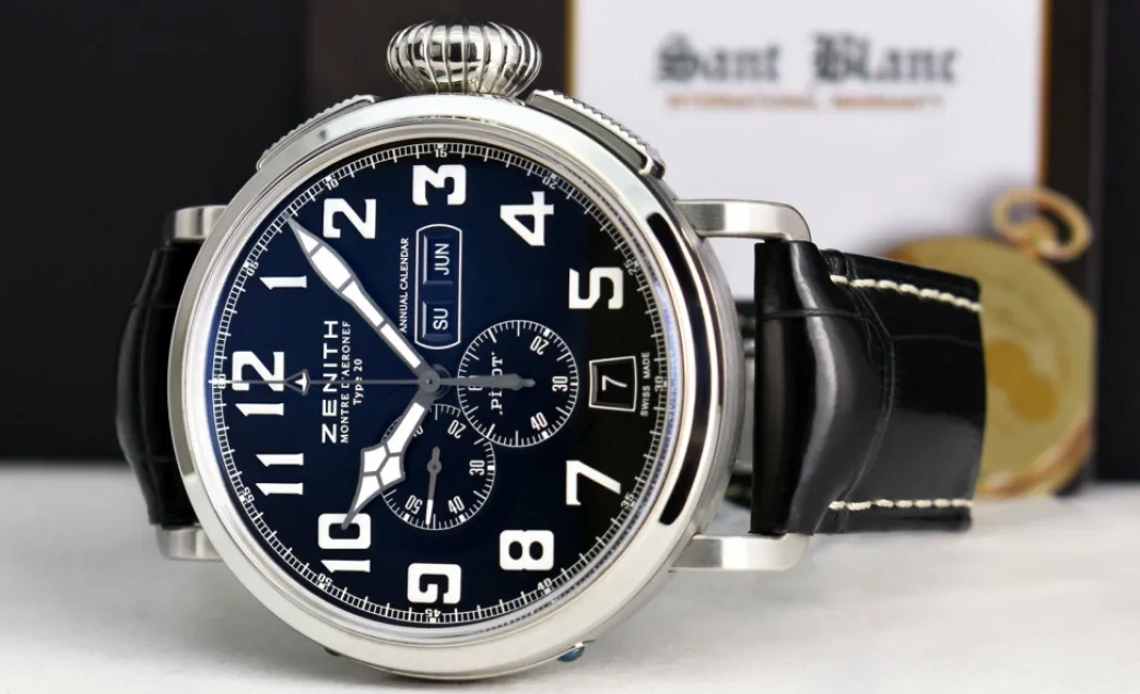 zenith_mm_stainless_steel_3.webp Men's Watches | Sant Blanc ZENITH 48mm Stainless Steel Pilot Montre D'Aeronef Type 20 Annual Calendar Black Dial Model 03.2430.4054/21.C721