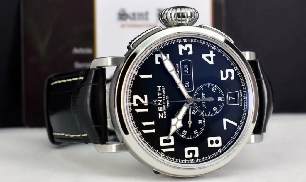 zenith_mm_stainless_steel_4.webp Men's Watches | Sant Blanc ZENITH 48mm Stainless Steel Pilot Montre D'Aeronef Type 20 Annual Calendar Black Dial Model 03.2430.4054/21.C721