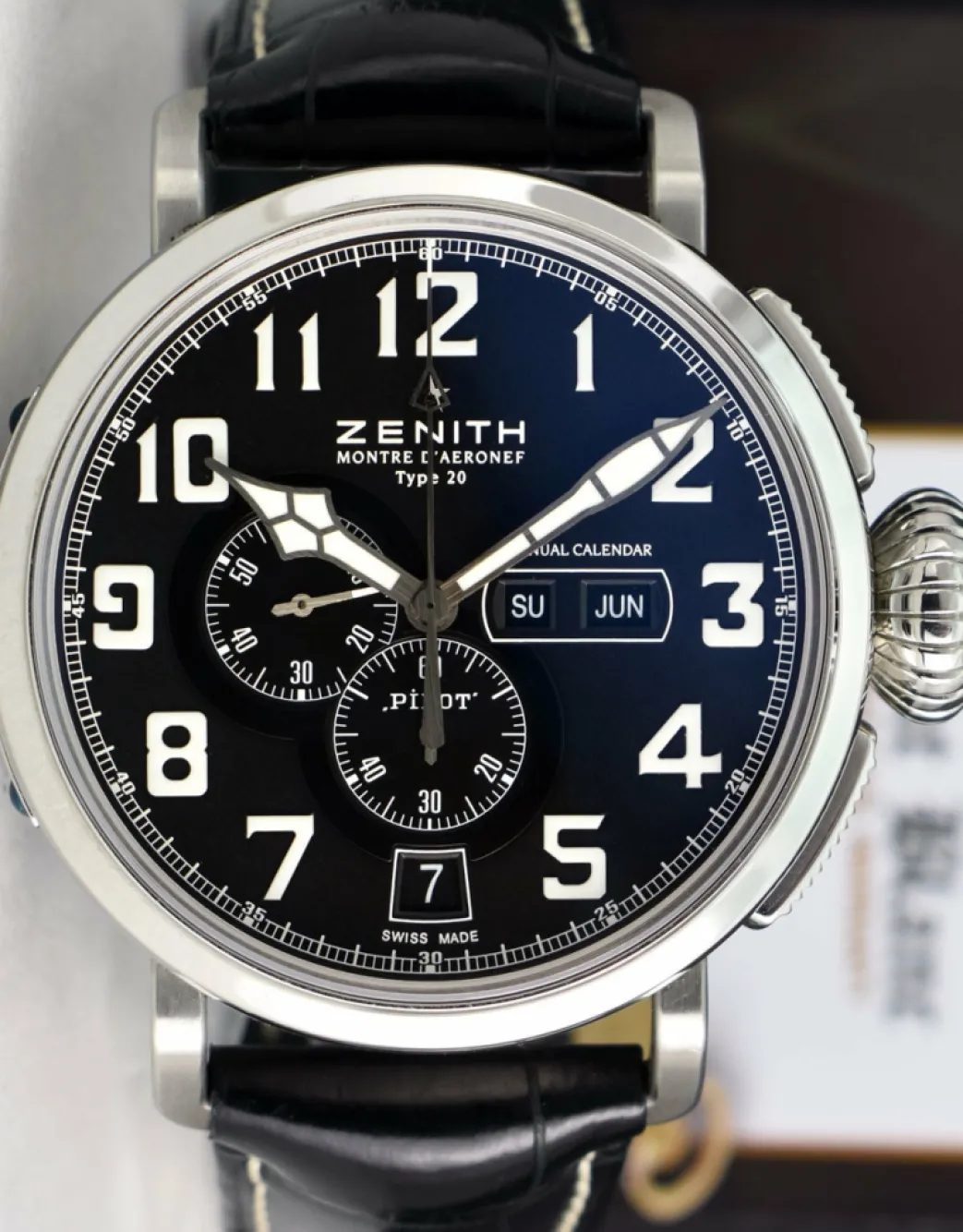 zenith_mm_stainless_steel_6.webp Men's Watches | Sant Blanc ZENITH 48mm Stainless Steel Pilot Montre D'Aeronef Type 20 Annual Calendar Black Dial Model 03.2430.4054/21.C721