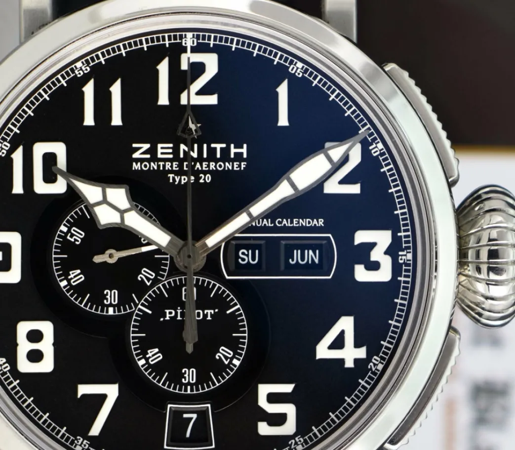 zenith_mm_stainless_steel_7.webp Men's Watches | Sant Blanc ZENITH 48mm Stainless Steel Pilot Montre D'Aeronef Type 20 Annual Calendar Black Dial Model 03.2430.4054/21.C721